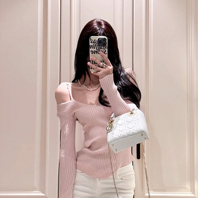 라라홀리 섹시 퀸 브이넥 오프솔더 스트랩 골지 슬림 긴팔티