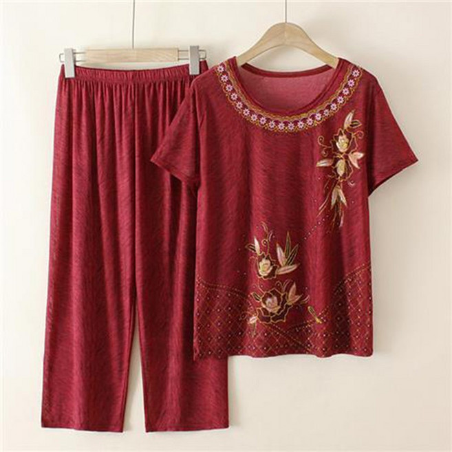 중년 여성 캐주얼 반팔 상하의 세트 봄 여름 엄마 얇은 냉장고 티셔츠 칠부 바지 루즈핏 투피스 WMY