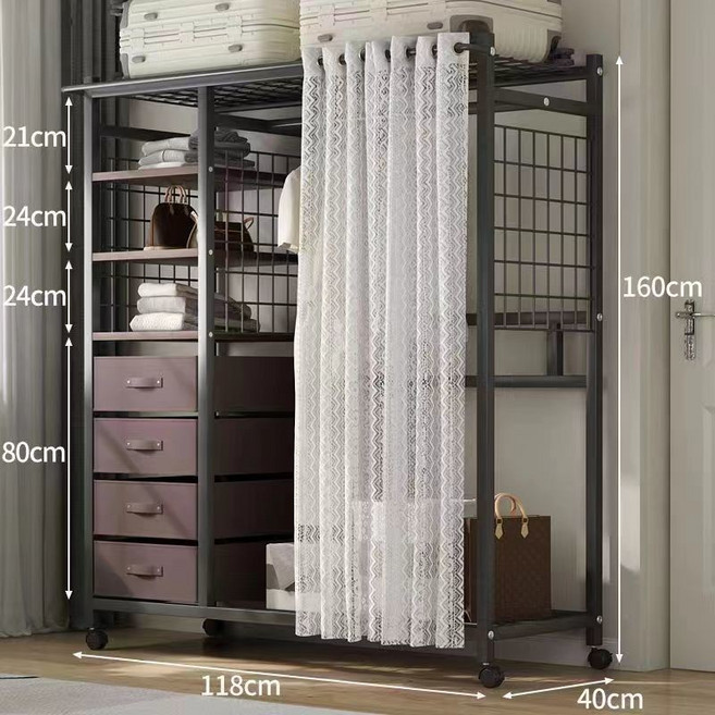 衣櫃 衣櫥 家用臥室 簡易衣櫥 出租房用 結實耐用 收納櫃 經濟型組裝 金屬衣櫃, 【118CM】黑色帶紗簾-3A碳素鋼木衣