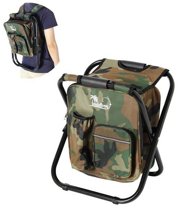 LEADALLWAY 쿨러 백 접이식 스툴이 있는 백팩 낚시 의자 남성 야외 캠핑 페인트 바베큐 해변 피크닉 하이킹 콘서트를 위한 사냥 선물 (카모플라주 의자)