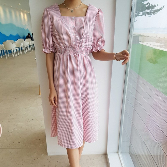 상상그이상 여성용 고방 스퀘어넥 원피스 스모크 허리밴딩 소매밴딩 체크포인트 롱원피스 임산부 A라인 체형커버 원피스 마실룩 바캉스룩