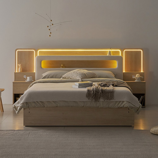 국내제작 친환경등급 EO 인홈 아로하 LED 3구 볼레일 서랍 침대 프레임+유로탑 독립 매트리스 포함, 네츄럴