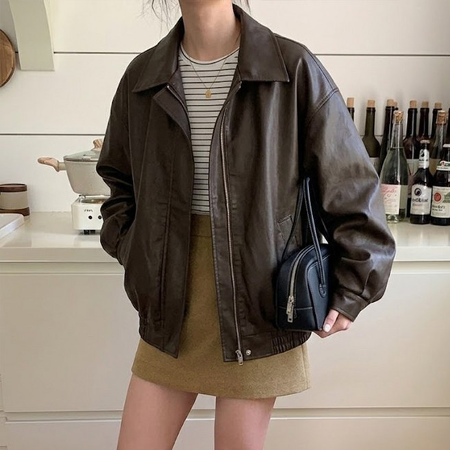 타니즈 사텐 루즈핏 크랙 레더자켓 - 2컬러