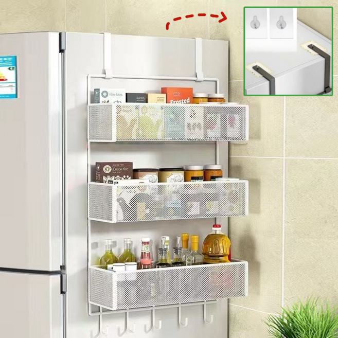 주방 수납용품 다용도 3단 수납선반 후크걸이 틈새수납함 냉장고 세탁기 옷장 거치대 가정용 냉장고 측면 다층 벽걸이선반주방, 1개, 화이트