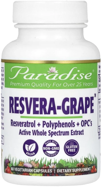 Paradise Herbs 레스베라 포도 500mg 베지 캡슐 60정(캡슐 1정당 250mg), ParadiseHerbs레스베라포도500mg베지캡슐60, 1개, 60정 - 쿠팡