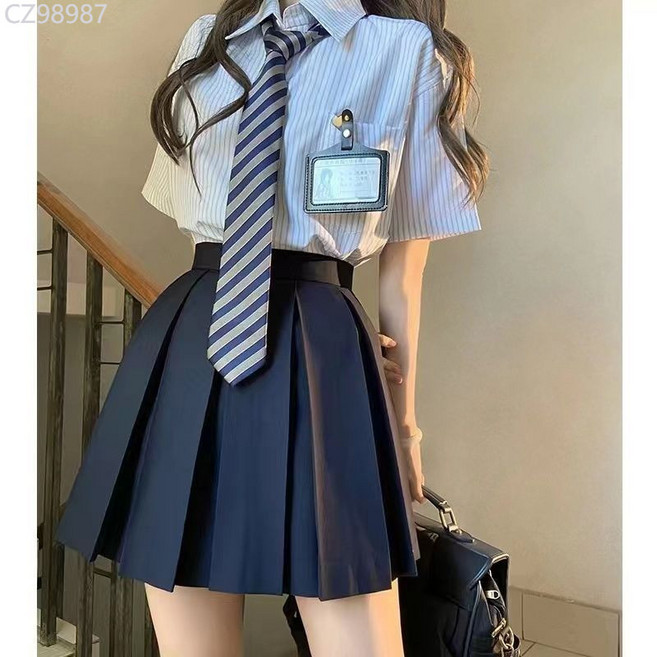 日系JK制服學院風寬鬆百搭別緻條紋短袖襯衫女夏季新款上衣