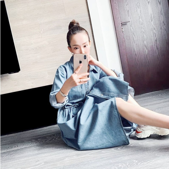 CHILL 韓系襯衫領綁帶牛仔洋裝 A字過膝長裙 淺藍丹寧連身裙, 淺藍