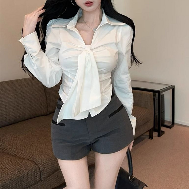 레티고 개강룩 프렌치 시크 여리핏 리본 브이넥 긴팔 크롭 셔츠