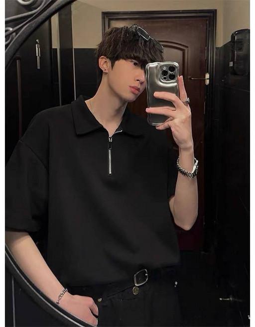 【BASIC】24H出貨 韓系Clean fit拉鍊上衣 POLO 短袖 百搭 男女 實拍 質感 高級感 簡約 寬鬆, 灰色