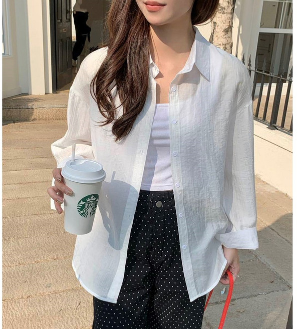 허블리 여성 루즈핏 쿨링 시스루 롤업 자외선차단 셔츠 블라우스