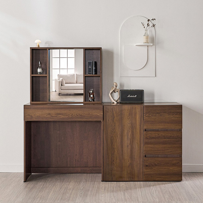 동서가구 미엘 수납거울 화장대 + 800 1도어 3서랍 수납장 DF928325, 다크오크