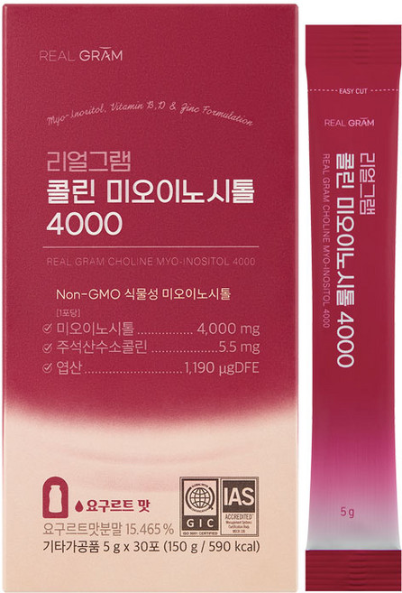 리얼그램 콜린 미오이노시톨 4000 엽산 아연 비타민 요구르트맛, 1박스, 30회분