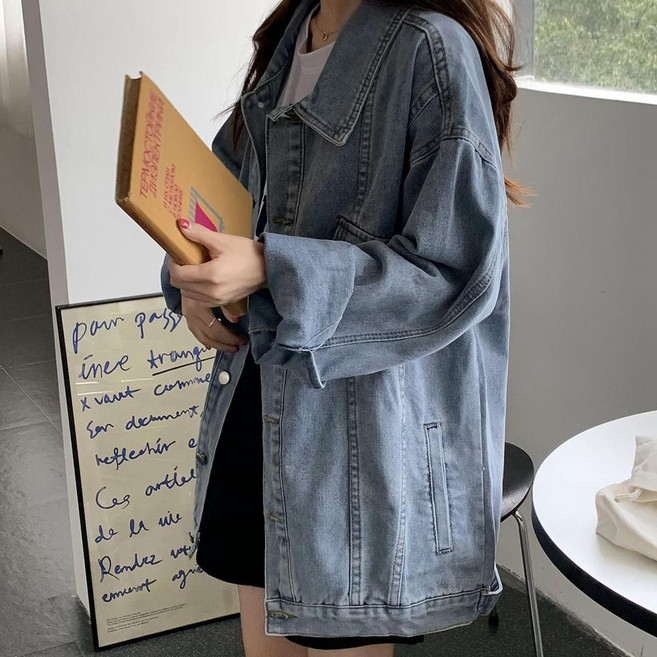 寬鬆長袖牛仔外套 藍色