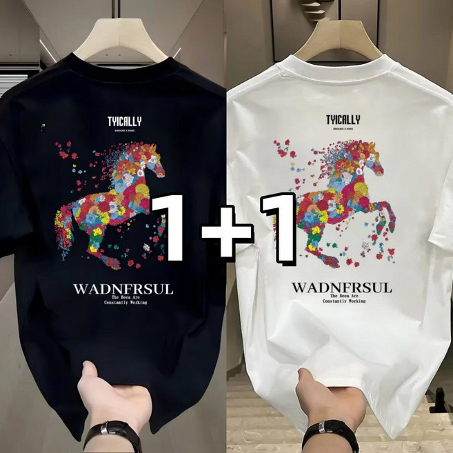 1+1 남자 반팔티 프린팅 빅사이즈 라운드넥 오버핏 반팔 데일리 캐주얼 면티 여름 반팔티셔츠 6그래픽 남자 상의 프린팅 2P