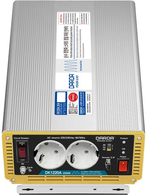국산 다르다 KC인증 순수정현파 인버터 DC12V to AC220V 2000W DK1220A 공구 차박 캠핑용에 적합, 1개