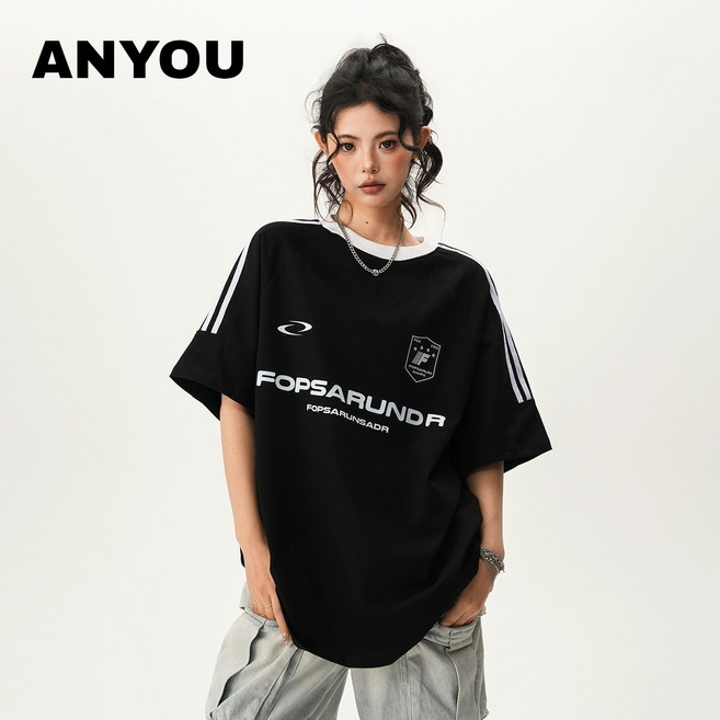 ANYOU 미국식 빈티지 테이프 반팔 티 여름 루즈핏 아카데미 스타일 트레이닝 커플 상의