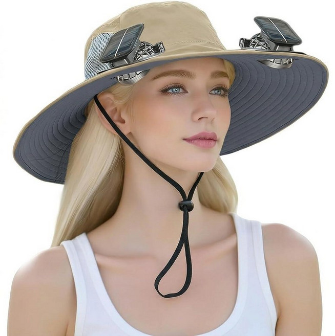 Solar Fan Hat with Two Display Screen Fans Women's Outdoor Hiking and Fishing Sun Shading Hat La, Khaki
