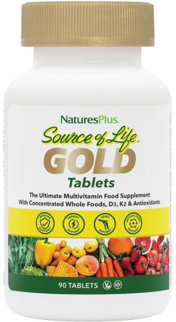 NaturesPlus Source of Life Gold Multivitamin - 90 Tablets - with Vitamins D3 B12 & K2 - Blood Bo, 90 Count (Pack of 1), 1개, 90정