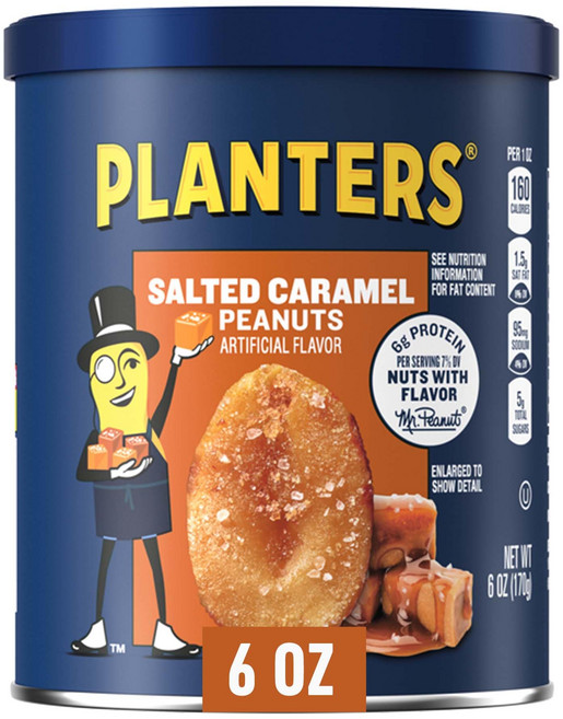 플랜터스 솔티드 카라멜 피넛 달콤하고 짠 스낵 식물성 단 PLANTERS Salted Caramel Peanuts Sweet Snacks Sweet Peanuts 6 Ou, 1개, 소금 카라멜