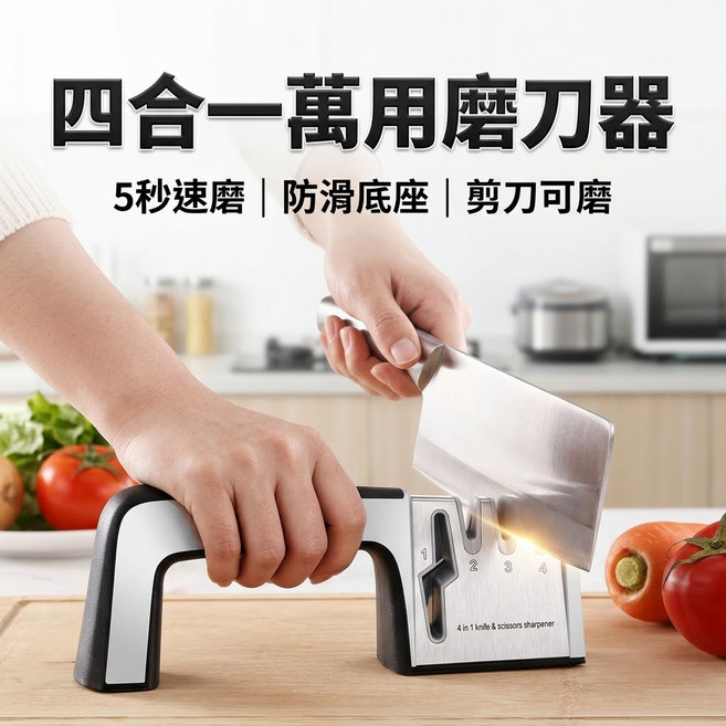 四合一萬用磨刀器 磨剪刀 菜刀 水果刀 粗磨/細磨/精磨 防滑底座, 1個