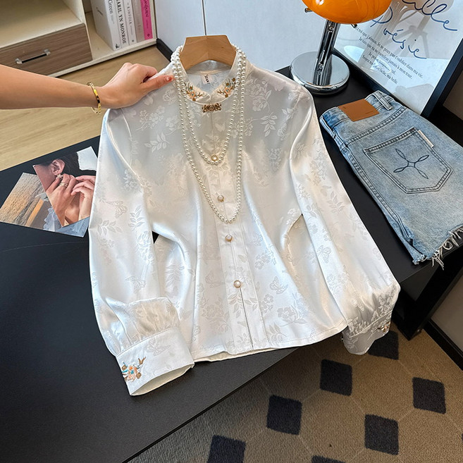 新中式 國風 緞面 刺繡 提花 襯衣 寬鬆顯瘦 女春款