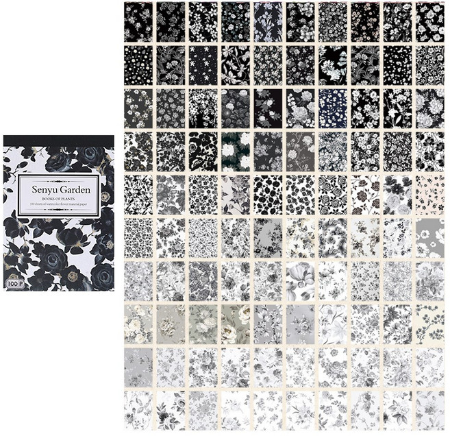 올리브파티 플라워 빈티지 다꾸 메모지 배경지 100매 세트, 2세트, 블랙