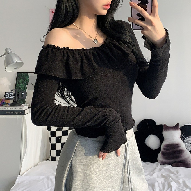 [예쁨보장/3col] 티르 여리핏 밴딩 프릴 오프숄더 티셔츠