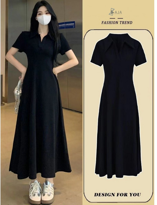 ZAJA 여성 여름 카라 반팔 롱 원피스 슬림핏 허리라인 데일리룩