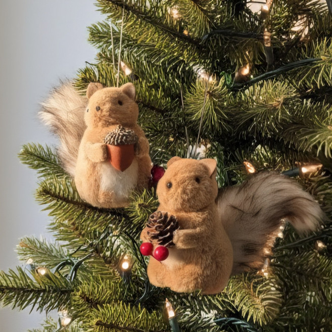 크리스마스 다람쥐 오너먼트 2종 1세트 솔방울 트리장식, 브라운