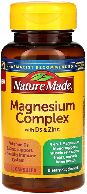 단백질 비타민 철분 마그내슘 칼슘 Nature Made 마그네슘 복합체 D3 및 아연 함유 캡슐 60정 고루고루섭취해주세요, NatureMade마그네슘복합체D3및아연함유캡슐60정, 1개 - 쿠팡