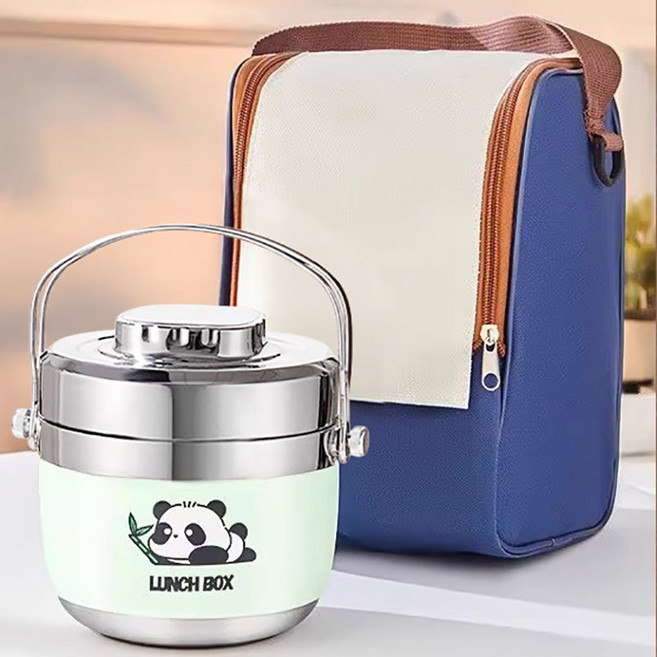 예니브 304 스텐 2중 구조 보온 도시락 휴대용 점심 도시락통, 그린 1.5L+보냉 가방, 1개