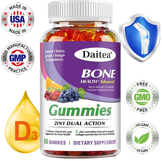 뼈 영양젤리 - 칼슘 비타민 D3 마그네슘 아연 함유 - 성인 뼈 건강 및 미네랄 보충제 천연 체리 포도 귤 딸기, 1개, 60회분