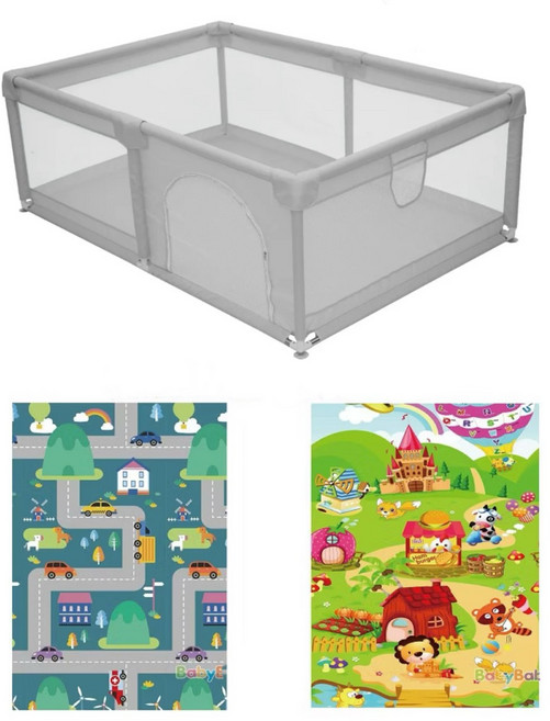 恩寶 babybabe 圍欄（灰）+地墊(城市地圖+動物樂園), 1個