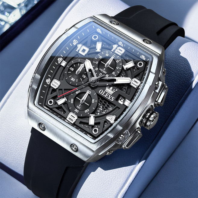 OLEVS 명패시계 남성용 고급 스포츠 멀티핸드 시계 술통형 스톱워치