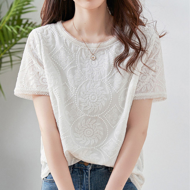 MIREA 여성 반팔 자수 블라우스 레이스 라운드넥 봄여름 데일리 DTX07