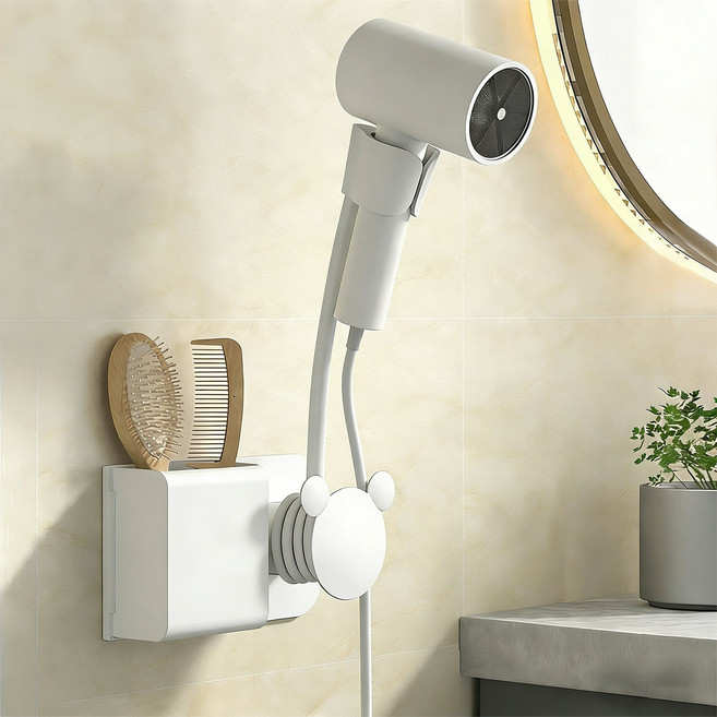 드라이기 거치대 벽걸이 무타공 핸즈프리 화장실 욕실 화장대 수납 고정 각도 조절 강력접착 보관 스탠드 플라스틱, 화이트, 1개