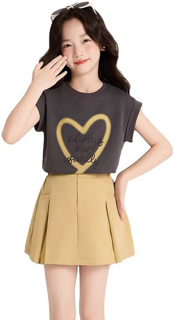 루비키즈 아동 여아 주니어 여름 하트 반팔티 베이지 스커트 상하세트 E144