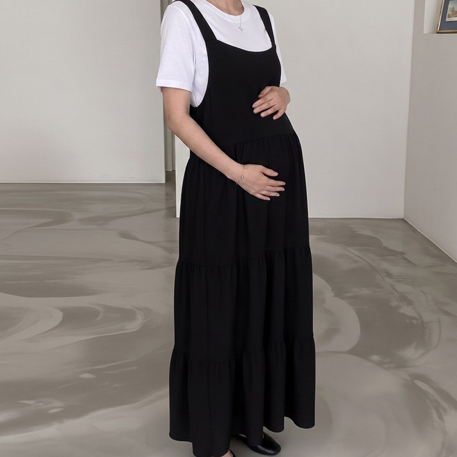 [당일출고] 수엠W 임산부 캉캉 멜빵 롱 원피스 만삭촬영 임부복 외출복 뷔스티에 루즈핏 T01 엘라멜빵원피스