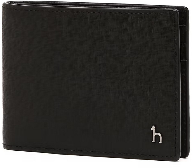 헤지스 남성 블랙 천연 소가죽 로고 장식 단색 클래식 데일리 2단 반지갑