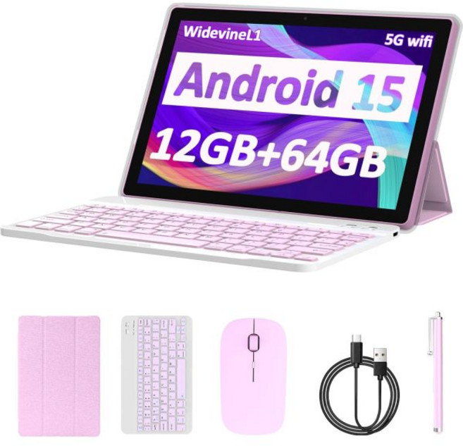 태블릿 안드로이드 15 10인치 12GB 램+64GB 저장공간1TB 확장 가능 2in1 키보드 케이스 마우스 스타일러스 포함 1.8GHz 쿼드코어 프로세서 1280800 IPS, CUPEISI 12GB+64GB 분홍