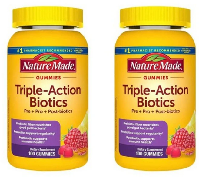 Nature Made Triple Action Biotic 네이처메이드 트리플 액션 바이오틱 프리 프로 포스트 바이오틱스 유산균 구미, 2개, 100정 - 쿠팡