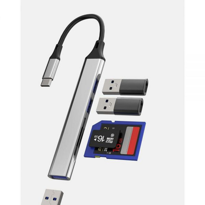 USB C 허브 맥북 어댑터 포트(5in1) USB3.0 멀티포트 케이블 노트북 TF SD 카드 리더기 도킹 스테이션용 아이패드 에어 동글 아이폰 16 15 프로 맥스 썬더볼트, USB C 허브 맥북 어댑터 포트(5in1) USB3.