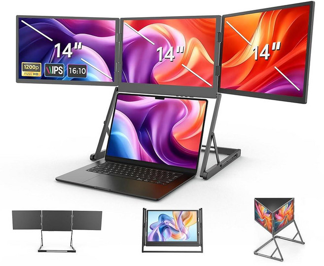 HIZIM 360° 회전 축 디자인의 14인치 노트북 스크린 익스텐더 휴대용 접이식 트리플 모니터 HDMI/USB-C 윈도우 맥과 호환 336739