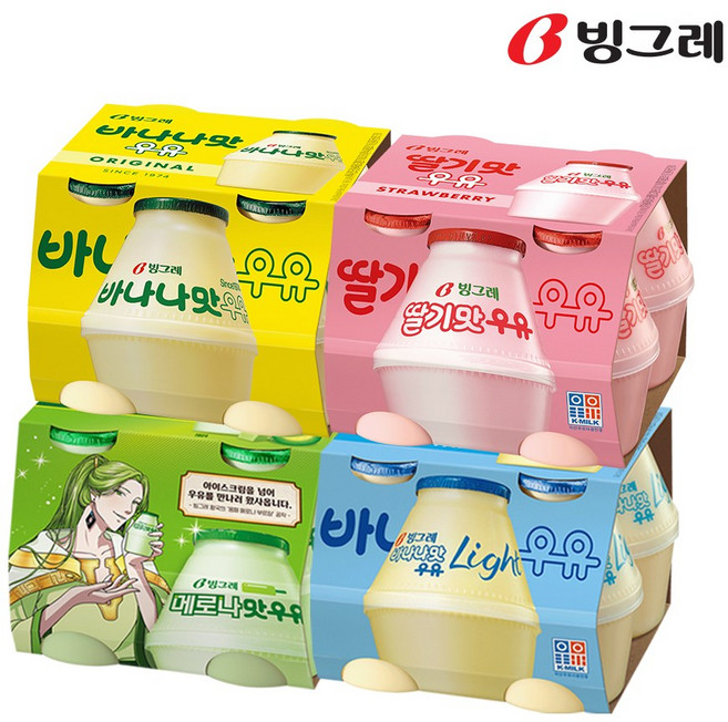 빙그레 단지우유 4종 바나나맛+딸기맛+라이트맛+메로나맛, 240ml, 16개