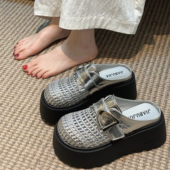 Ashysnow 통굽 슬리퍼 여성 여름 빈티지 엘레강스 메쉬 펀칭 펀칭 7cm 굽 로마 샌들 송편화