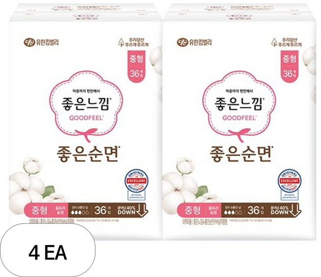 좋은느낌 좋은순면 생리대 날개형, 중형, 36개입, 4개