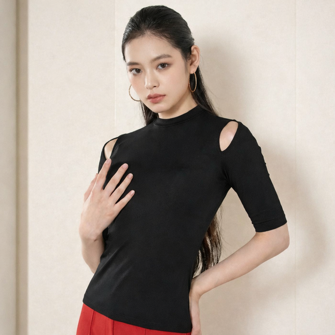 온더프 팔뚝커버 홀 티셔츠 여성 발레 라인댄스복 상의, 블랙
