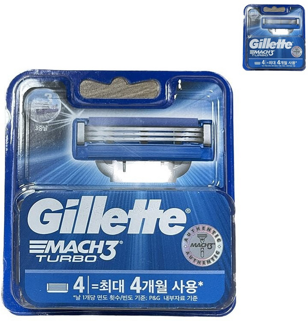 질레트 마하3 터보 면도기날 리필 4입 저자극 남성용 얼굴면도 리필 저자극 페이스면도 남성용 마하3 면도기날 욕실용품 교체용 쉐이빙턱수면, 4개입, &상품선택&