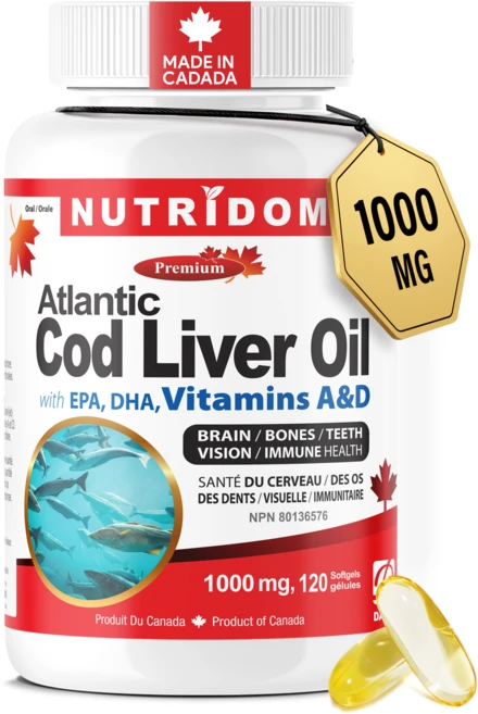 뉴트리돔 아이슬란드 대구간유 코드리버오일 비타민A 비타민D EPA DHA Atlantic Cod Liver Oil 1000mg 120소프트젤 캐나다 직구, 1개 - 쿠팡