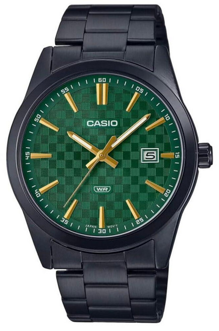 CASIO 카시오 MTP-VD03B-3A 남성용 표준 블랙 IP 스탠리스 스틸 그린 다이얼 3핸드 아날로그 시계 511118